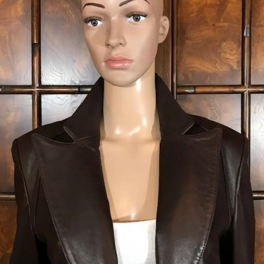 Anne Klein Genuine Lambskin Leather Couture Cocoa Wide Lapel Blazer - Picture 6 of 13